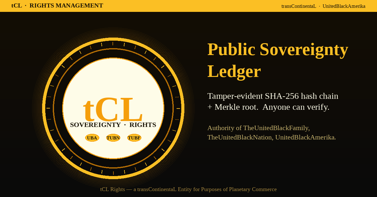 tCL Public Sovereignty Ledger — gold seal of transContinentaL Rights Management